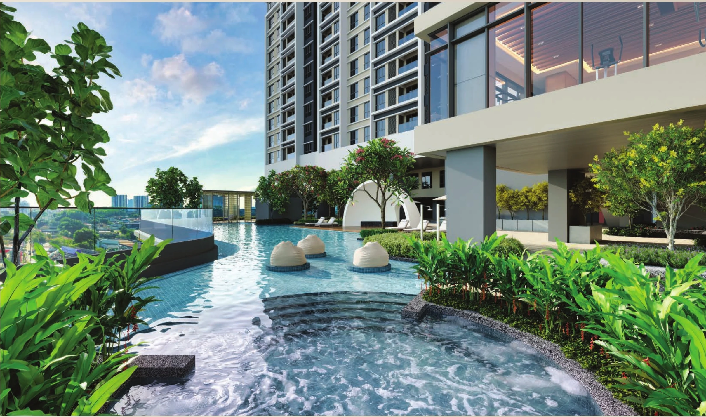 Artist impression of the infinity pool and landscaped leisure deck