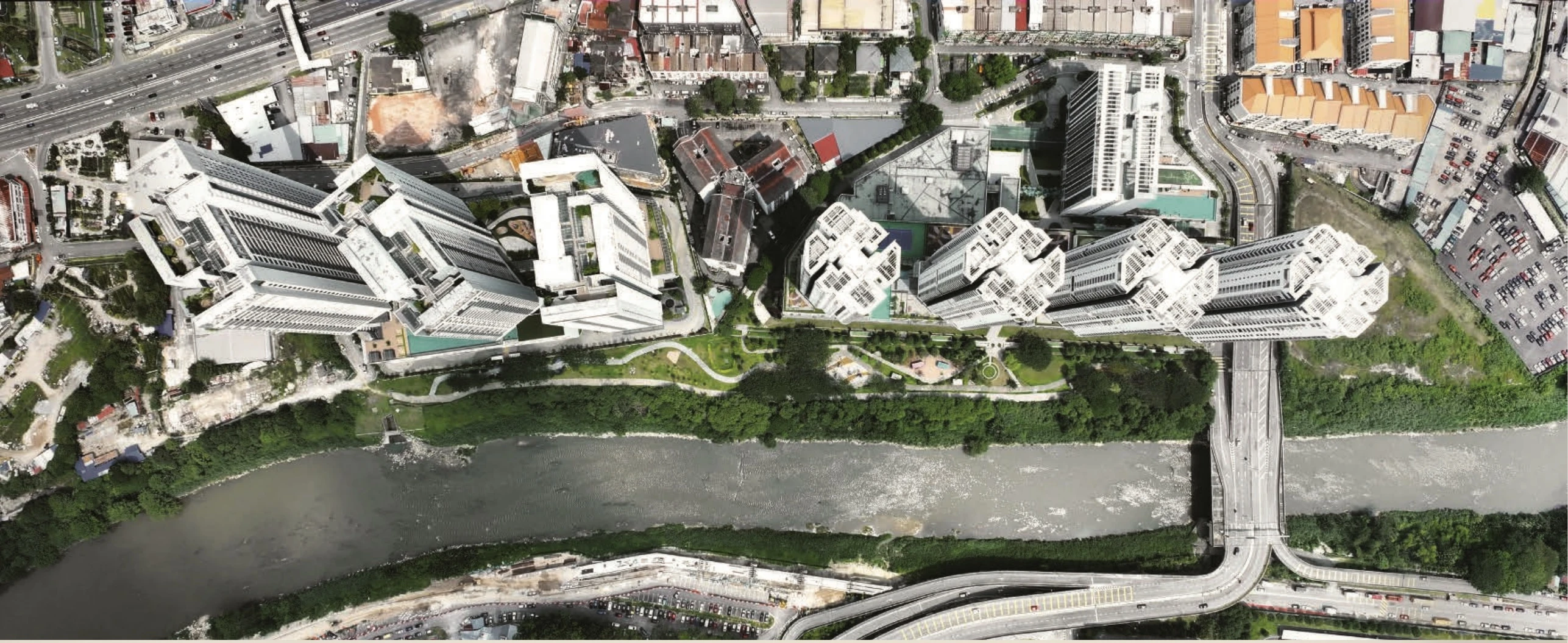 Aerial view of the landscaped riverside promenade